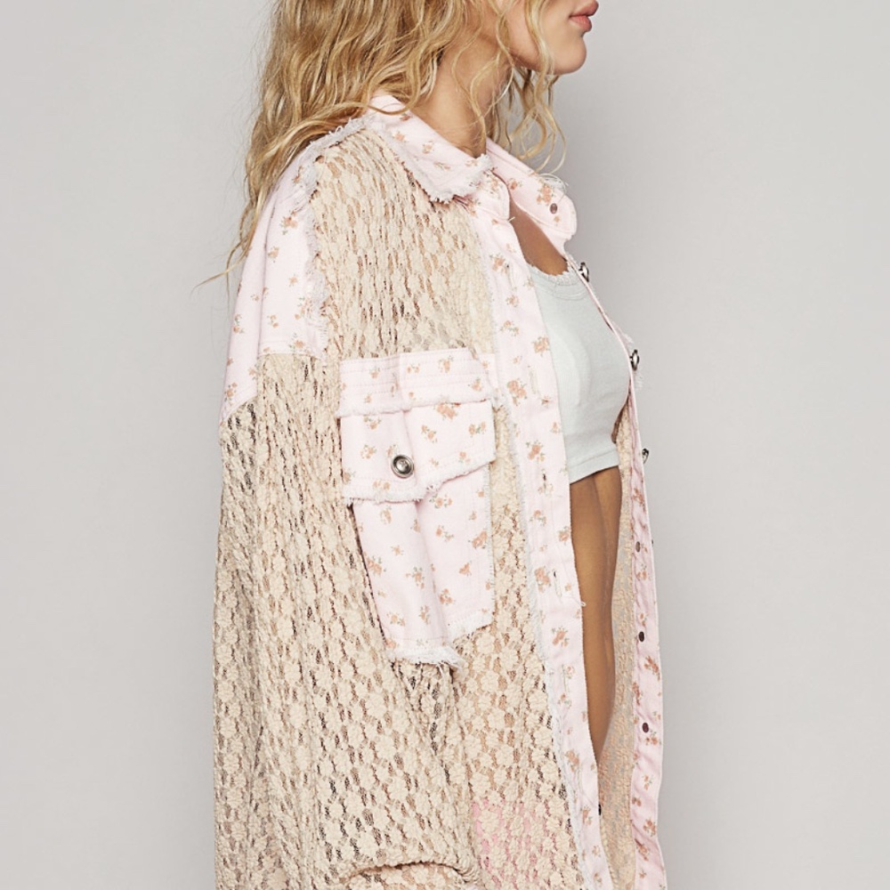POL Lace Patchwork Shacket Button Front Boho Top NWOT